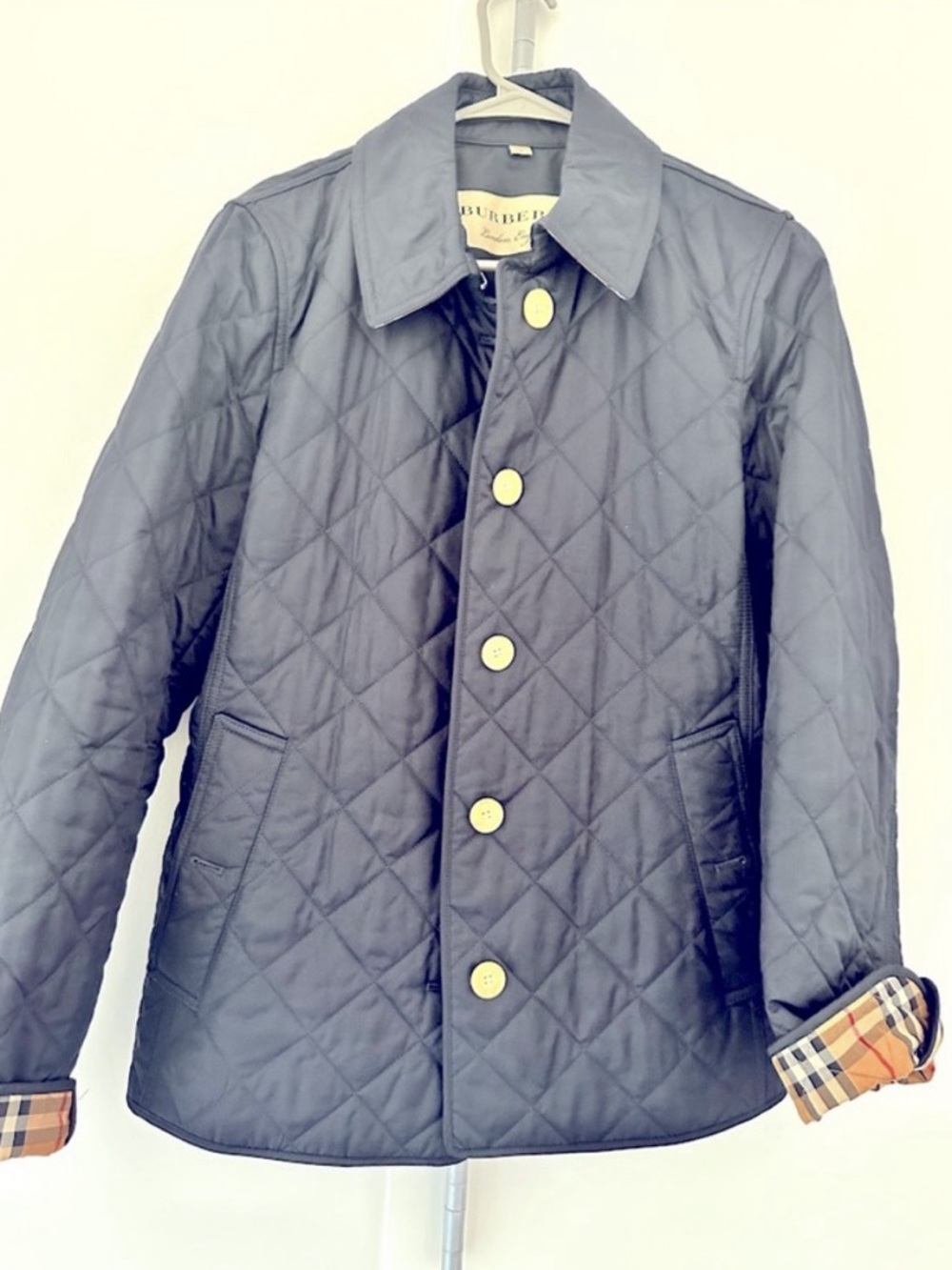 Burberry Diamond Quilted Jacket with Nova Check Cuffs Blue